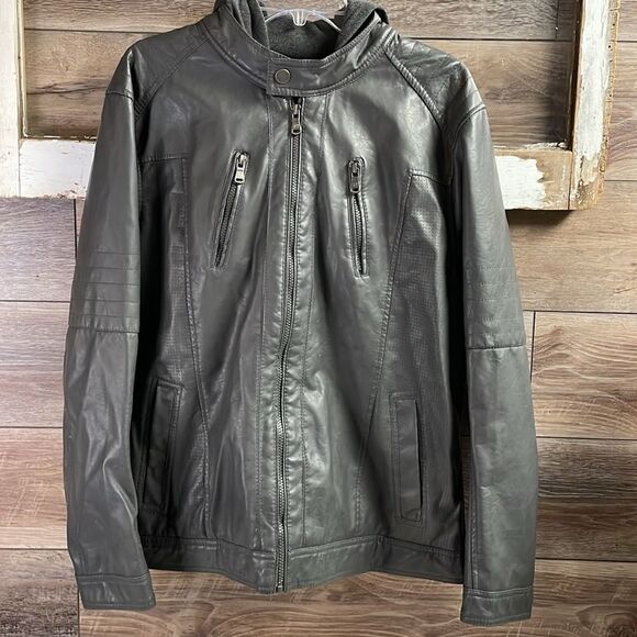 CARBON Women’s Hooded Faux Leather Riding Jacket Coat Dark Grey Size Large - Picture 3 of 11